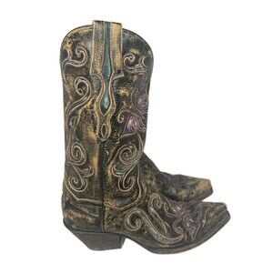 Dan Post Womens Cambria Cowgirl Boots Leather Distressed Butterflies, Size 8.5